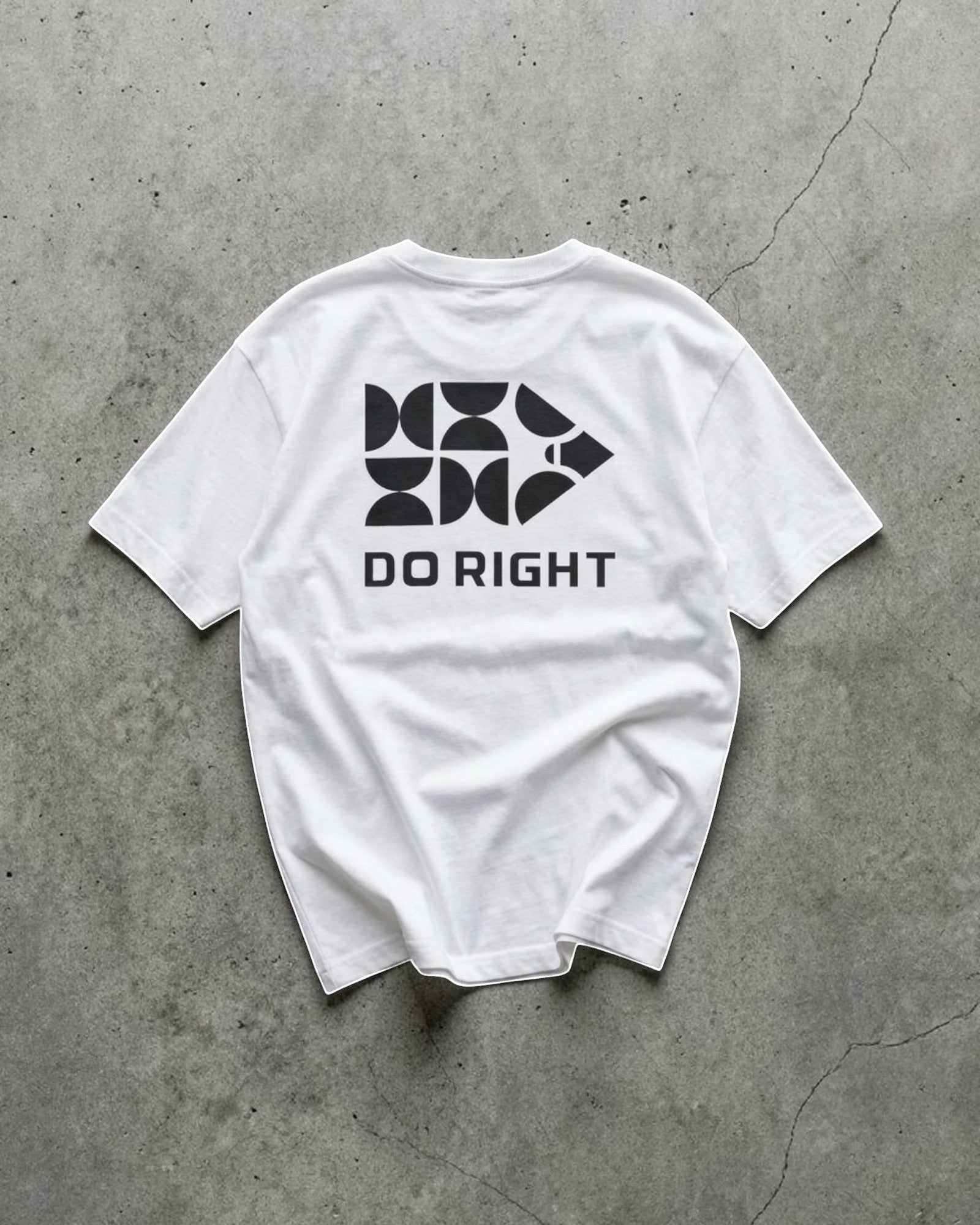 FALLR wear white 100% cotton graphic print t-shirt with "DO RIGHT" text and geometric design.