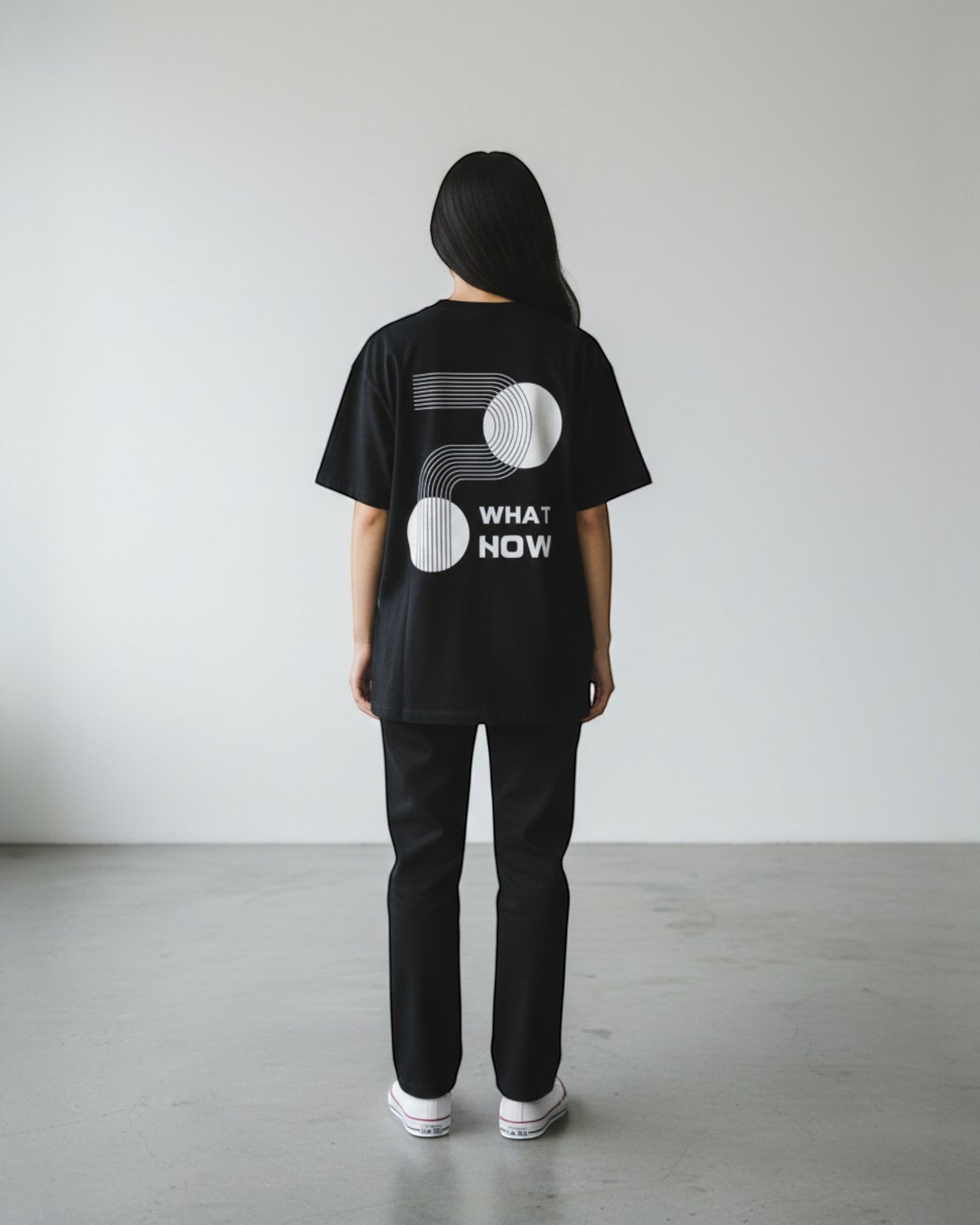 FALLR wear black 100% cotton oversized t-shirt with abstract geometric print and "What Now" text on back.