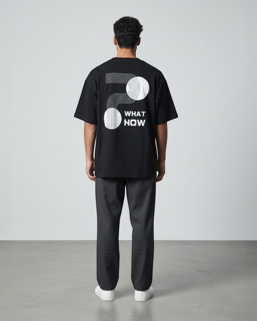 FALLR wear black 100% cotton oversized t-shirt with abstract geometric print and 'What Now' text.