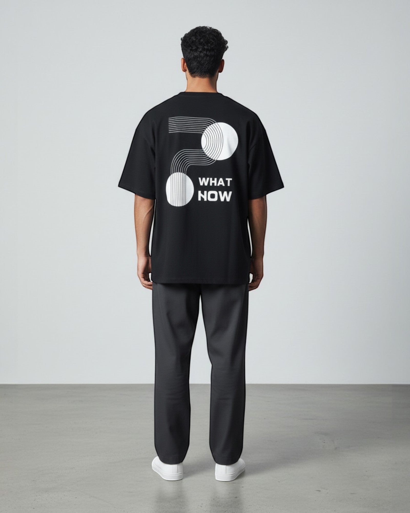 FALLR wear black 100% cotton oversized t-shirt with abstract geometric print and 'What Now' text.