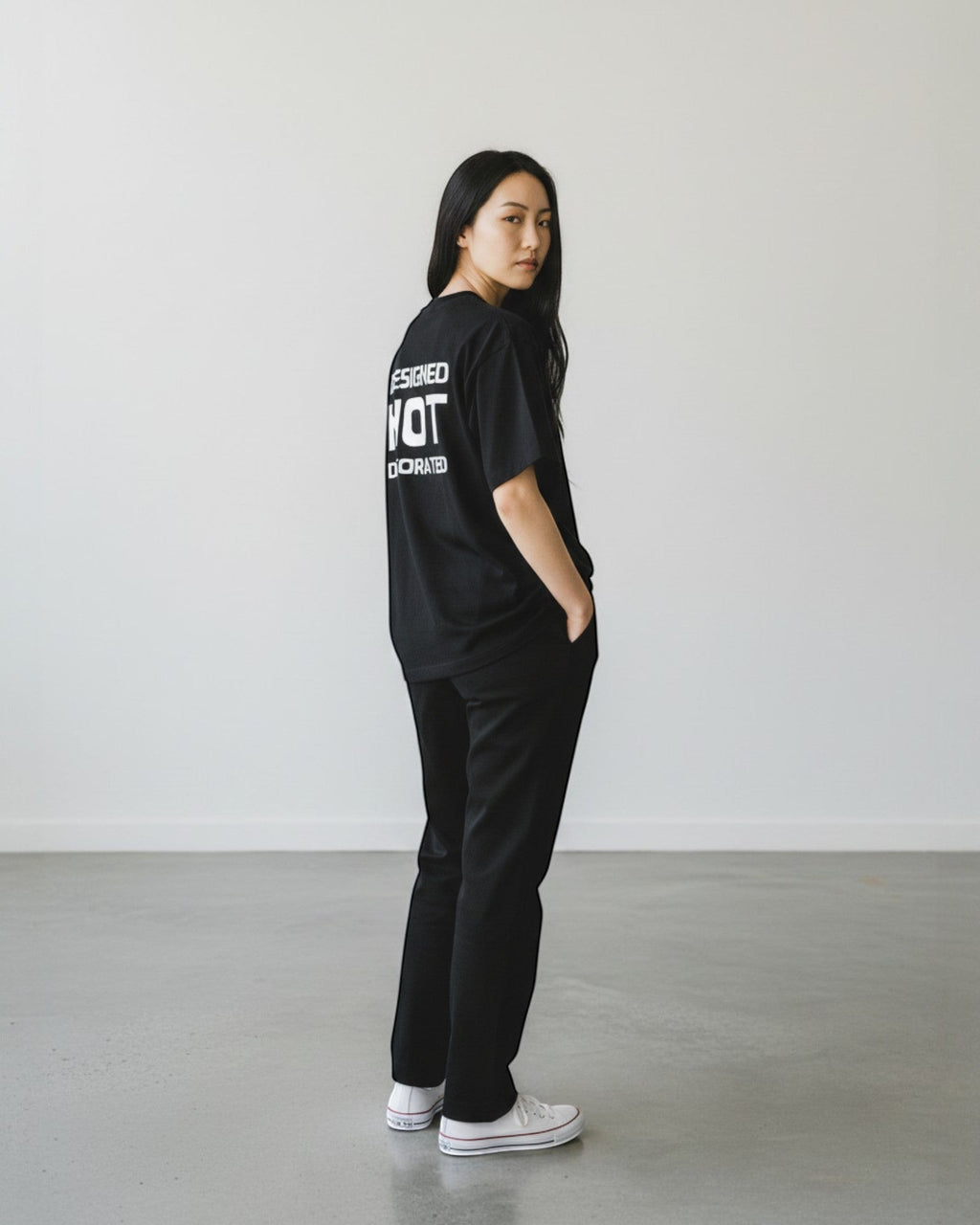 FALLR wear black 100% cotton unisex oversized t-shirt with white text graphic on back.