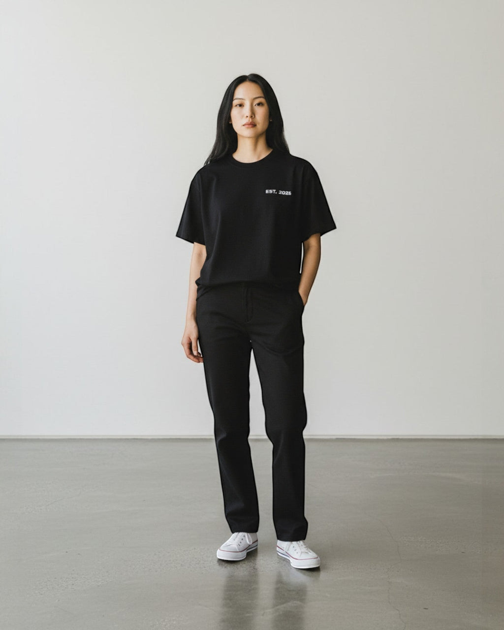 FALLR wear black 100% cotton unisex oversized t-shirt with minimalist 'EST. 2025' graphic.