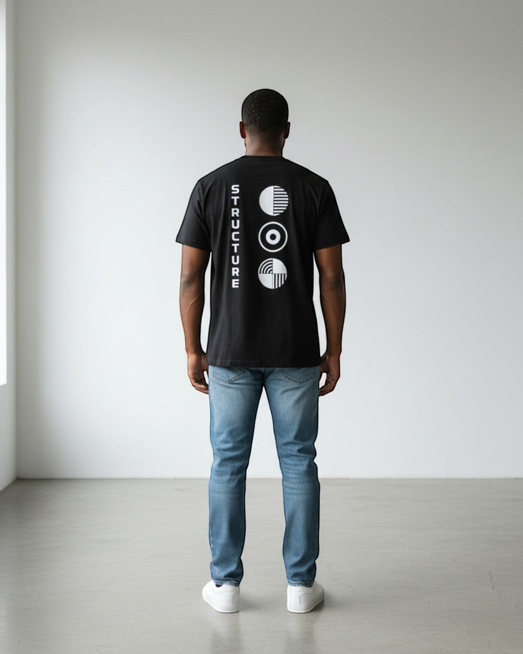 FALLR wear black 100% cotton oversized tee with a minimalist graphic print on the back. Unisex streetwear style.