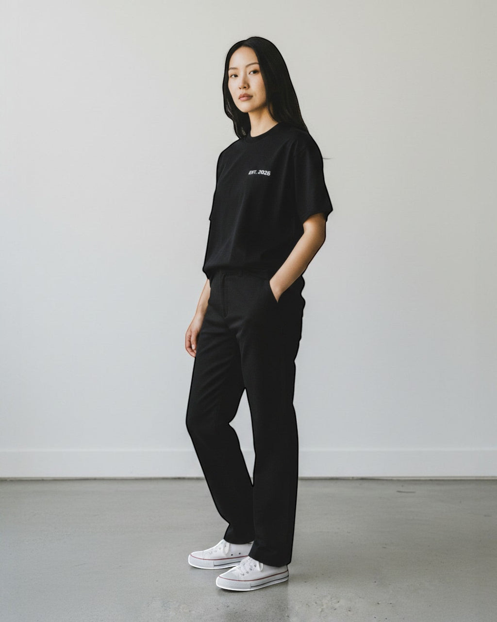 FALLR wear black 100% cotton oversized t-shirt with minimalist 'est. 2026' graphic print on chest.