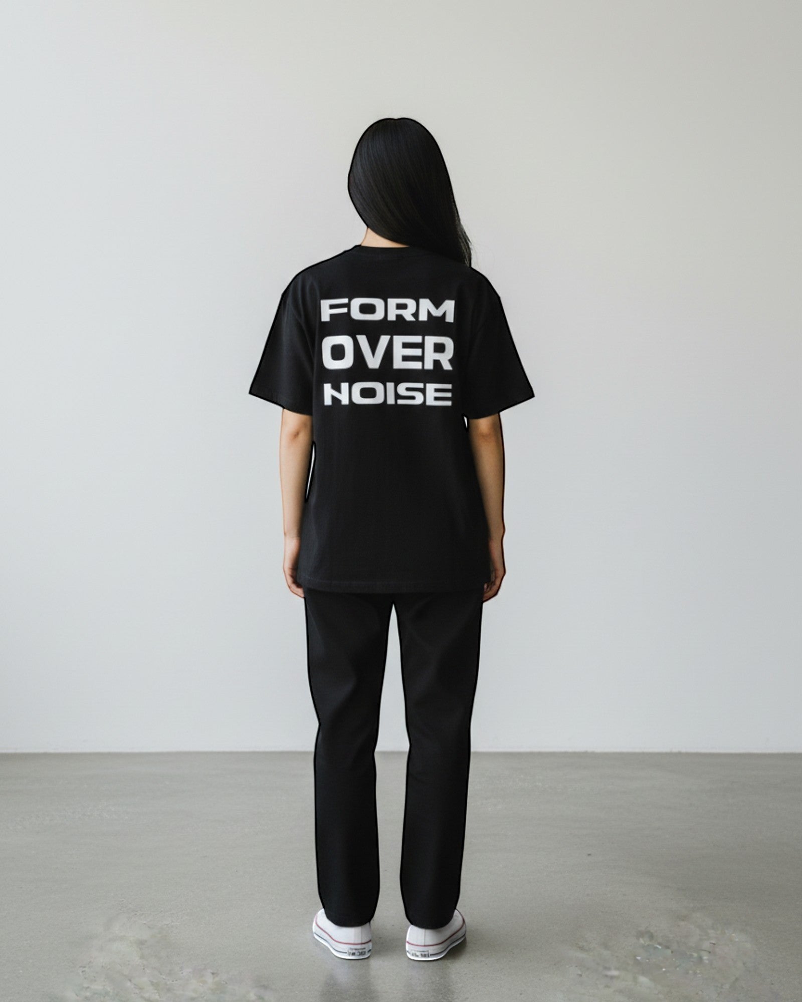FALLR wear black 100% cotton oversized graphic print t-shirt with 'FORM OVER NOISE' text on back.