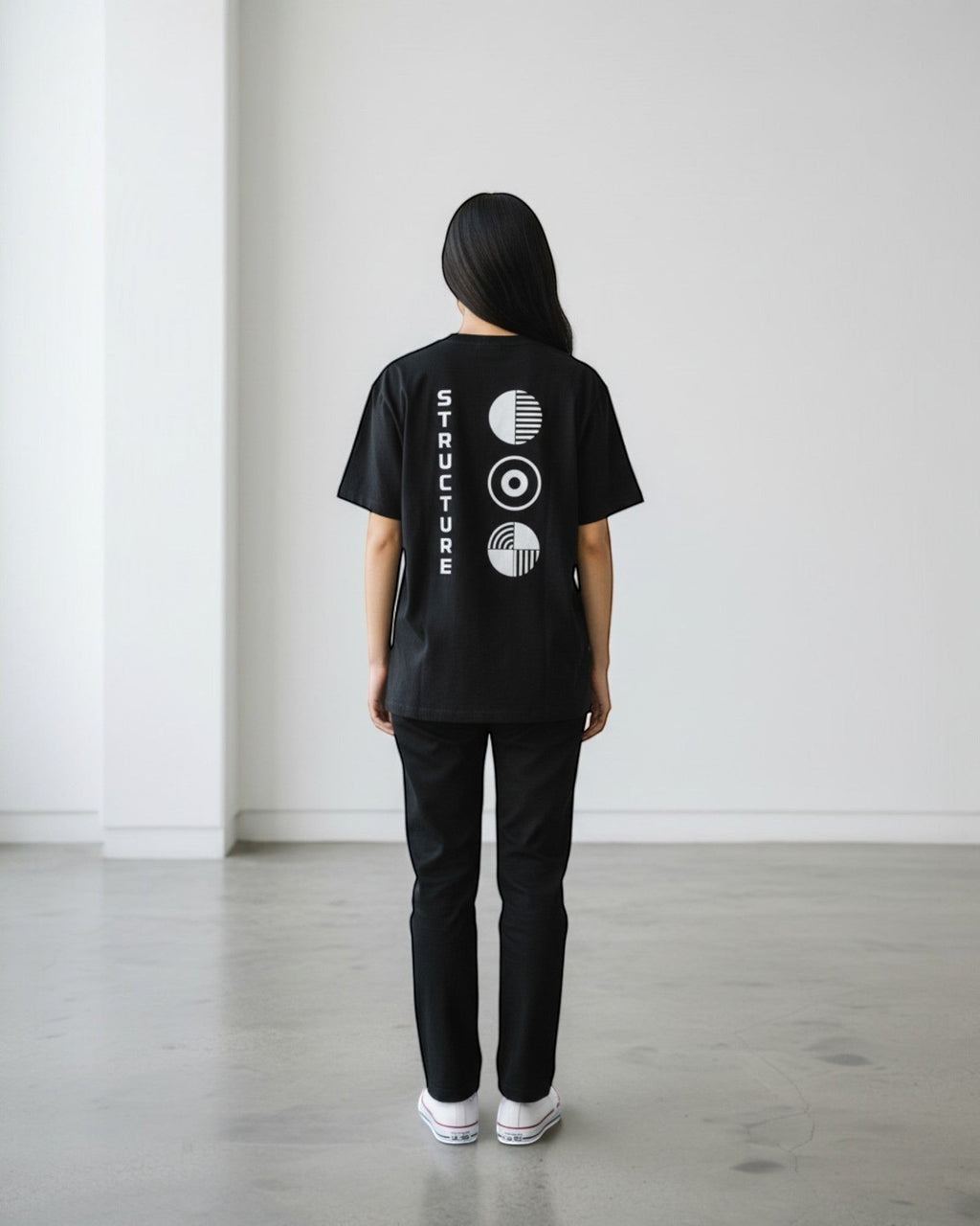 FALLR wear black 100% cotton oversized tee with a minimalist graphic print on the back.