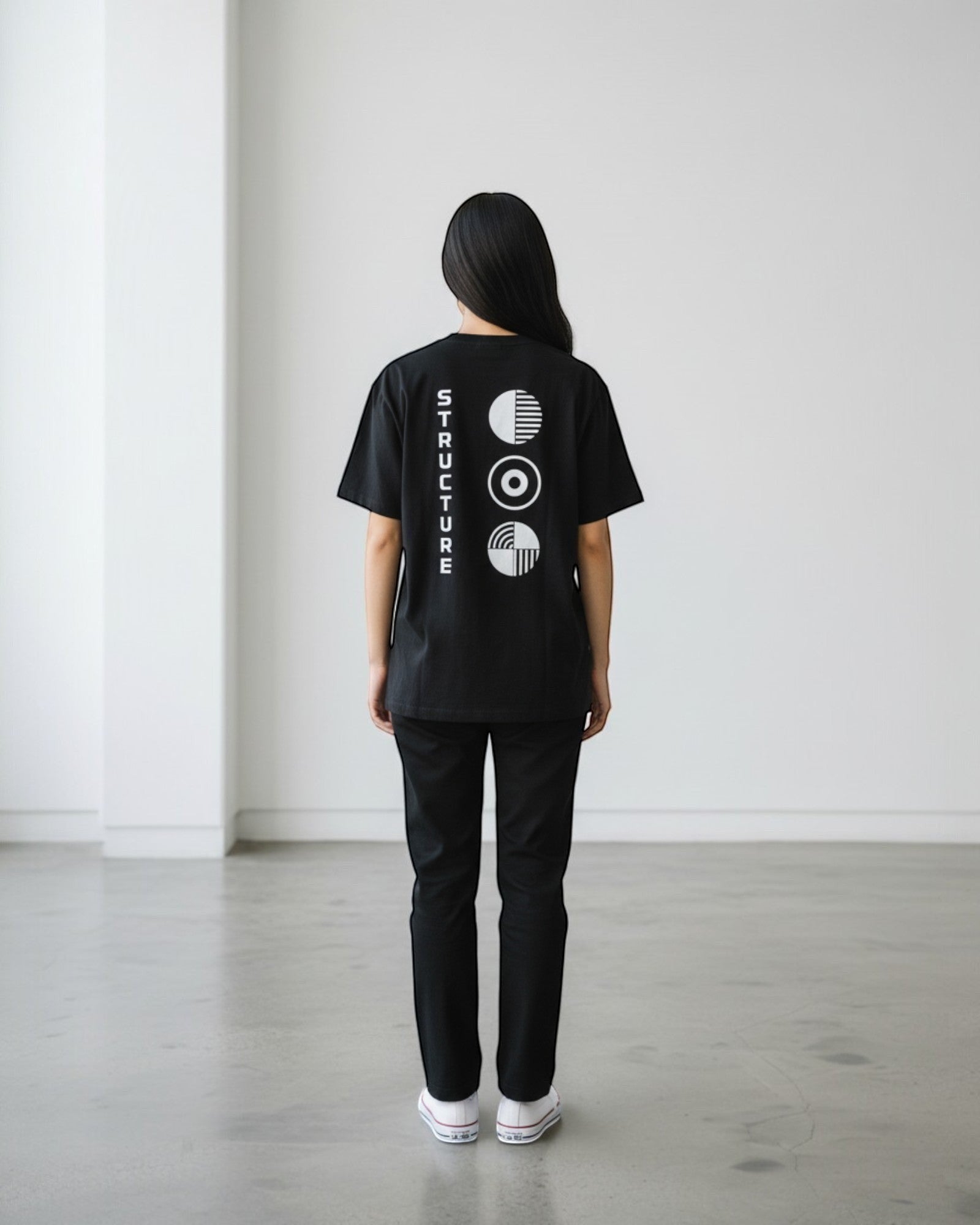 FALLR wear black 100% cotton oversized tee with a minimalist graphic print on the back.