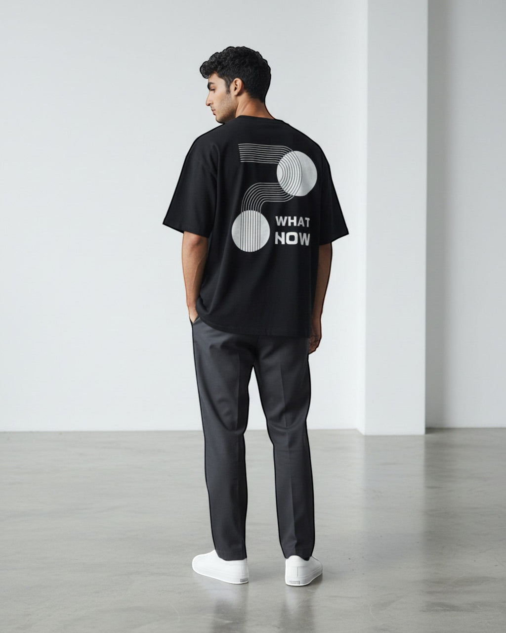 FALLR wear black 100% cotton t-shirt with white graphic print and "What Now" text, relaxed fit, unisex streetwear.