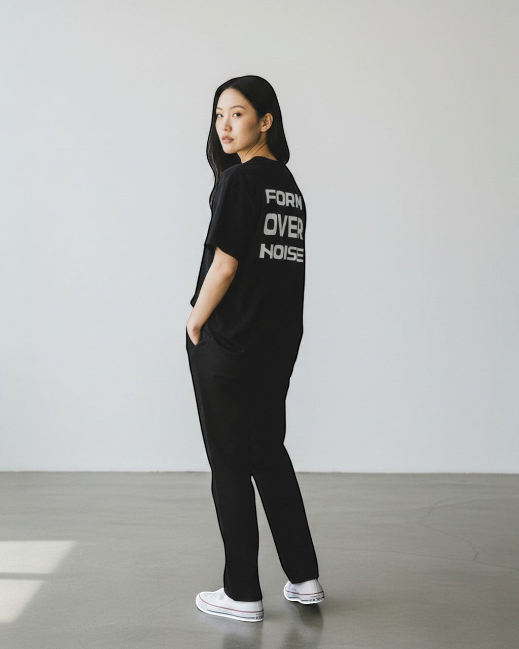 FALLR wear black 100% cotton oversized graphic print t-shirt with 'FORM OVER NOISE' text on back.