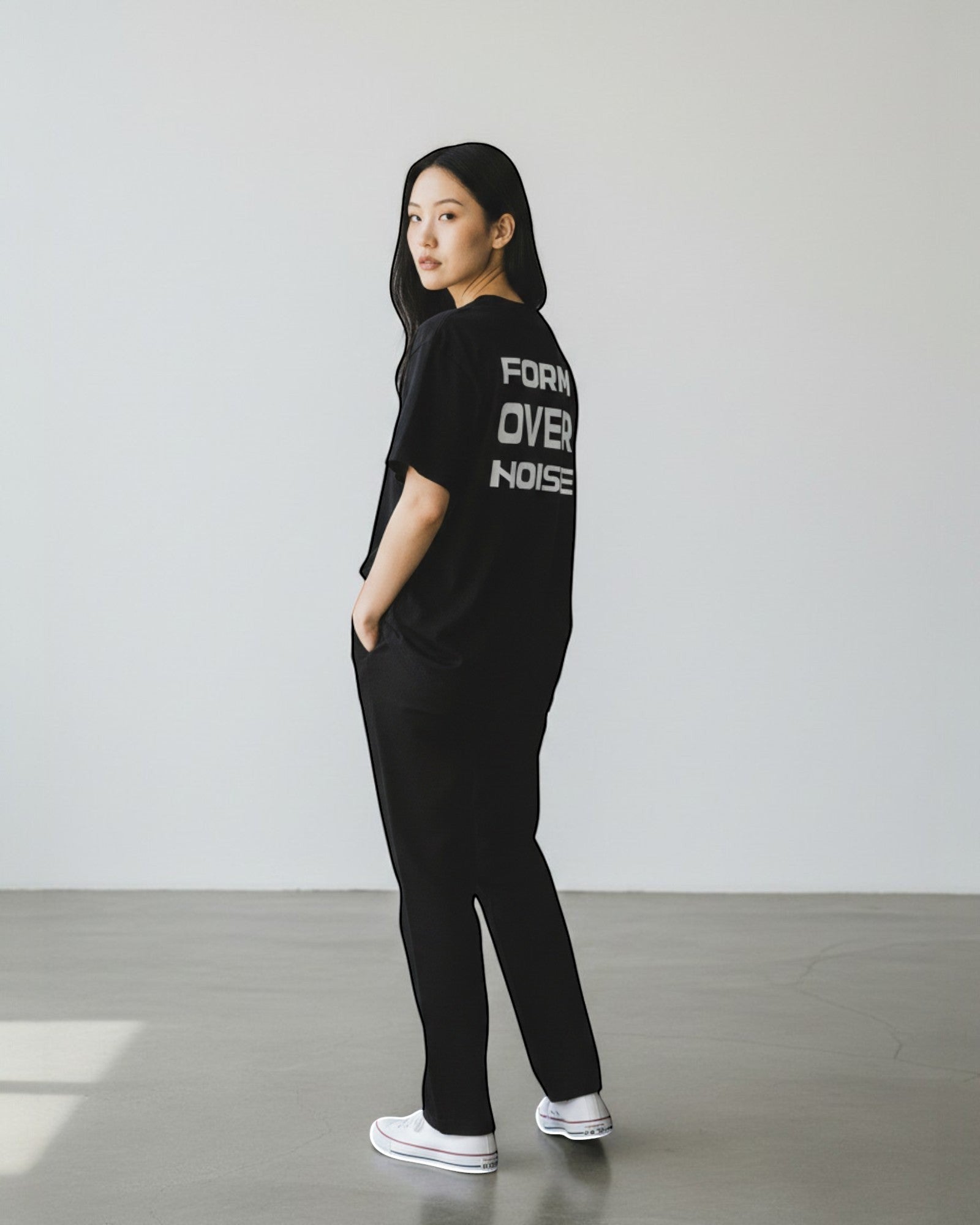 FALLR wear black 100% cotton oversized graphic print t-shirt with 'FORM OVER NOISE' text on back.