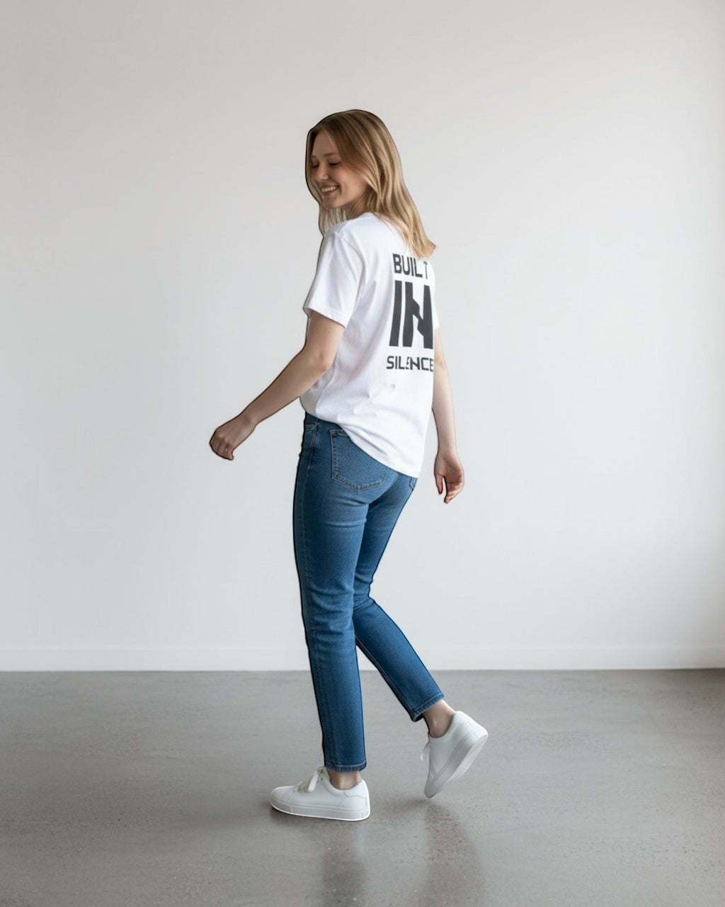 FALLR wear white 100% cotton t-shirt with black "BUILT IN SILENCE" graphic print on back, relaxed fit, unisex streetwear.