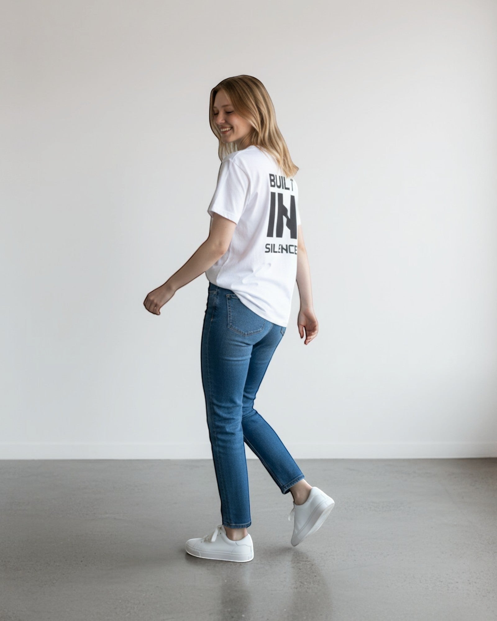 FALLR wear white 100% cotton t-shirt with black "BUILT IN SILENCE" graphic print on back, relaxed fit, unisex streetwear.