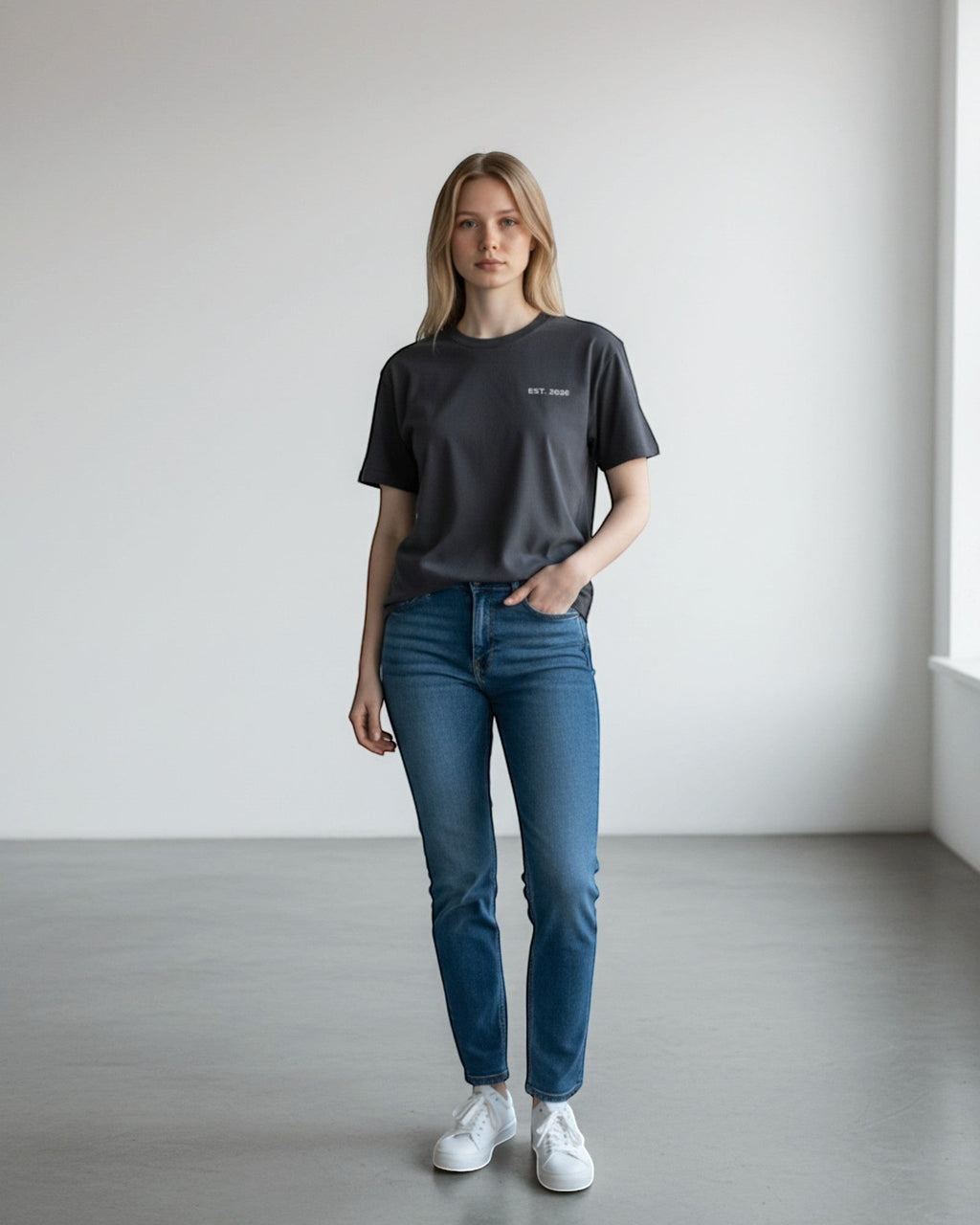 FALLR wear charcoal grey 100% cotton oversized t-shirt with minimalist "EST. 2020" graphic print on chest.