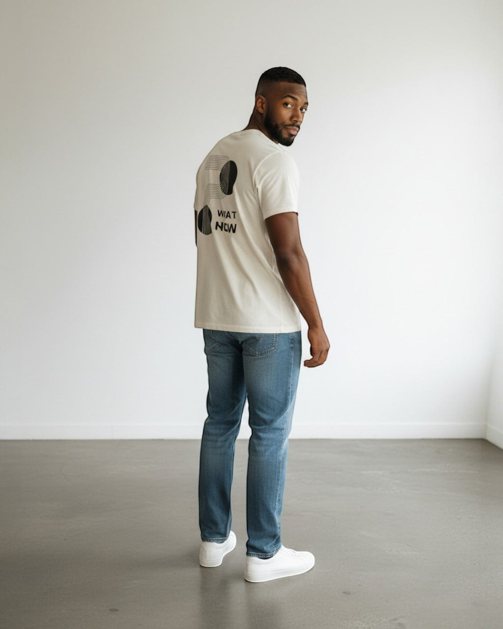 FALLR wear men's cream 100% cotton oversized t-shirt with black geometric graphic print on back.