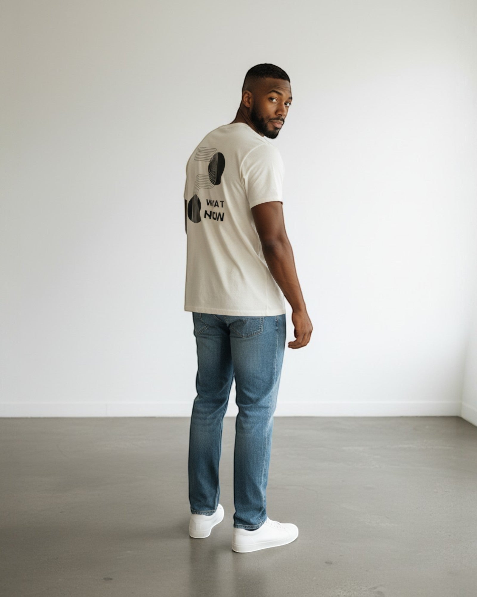 FALLR wear men's cream 100% cotton oversized t-shirt with black geometric graphic print on back.