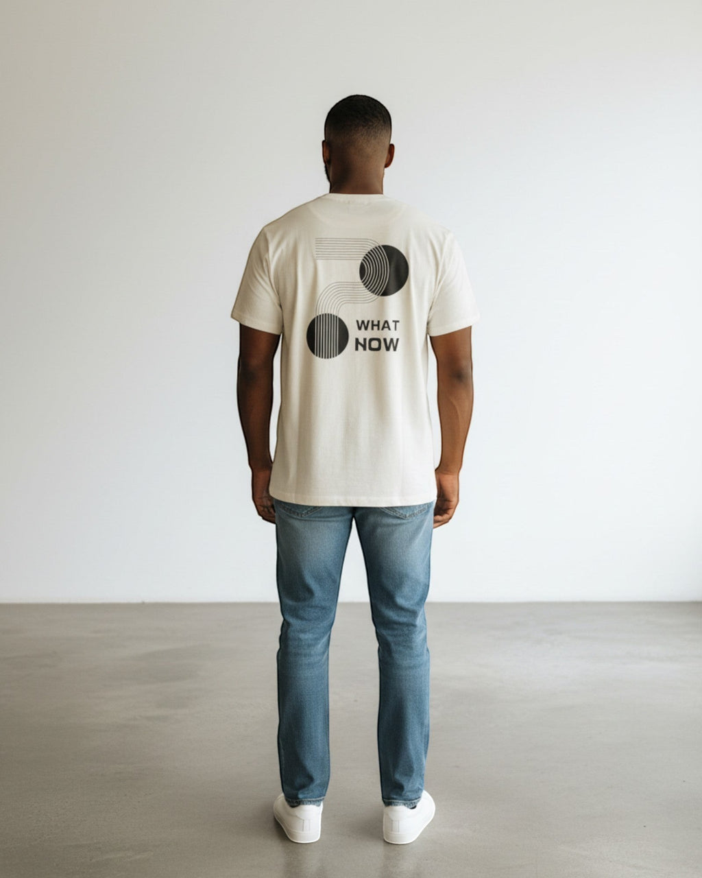 FALLR wear men's cream 100% cotton oversized t-shirt with black geometric 'What Now' graphic on back.