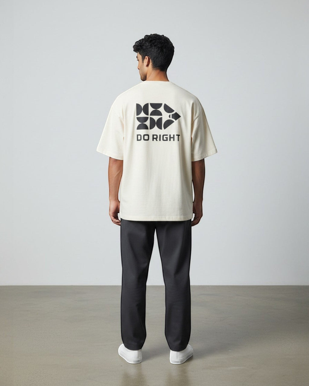 FALLR wear cream 100% cotton oversized t-shirt with black 'DO RIGHT' graphic print on back.