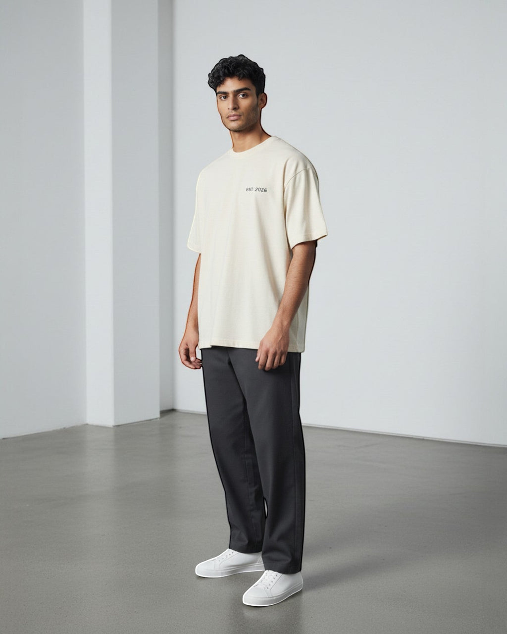 FALLR wear men's cream 100% cotton oversized t-shirt with minimalist 'EST 2026' graphic print on chest.
