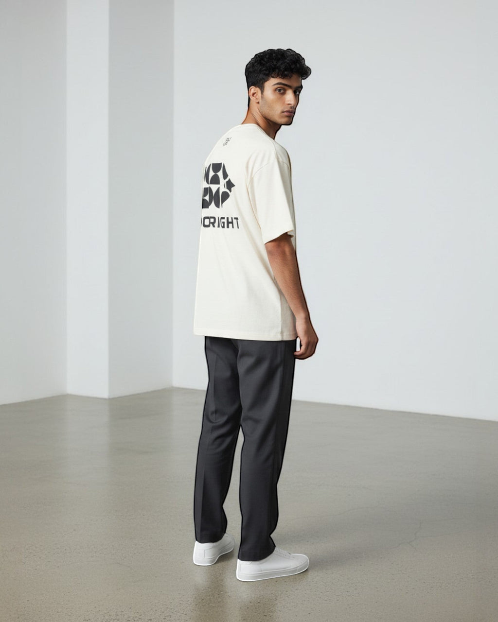 FALLR wear cream 100% cotton oversized t-shirt with black 'DO RIGHT' graphic print on back.