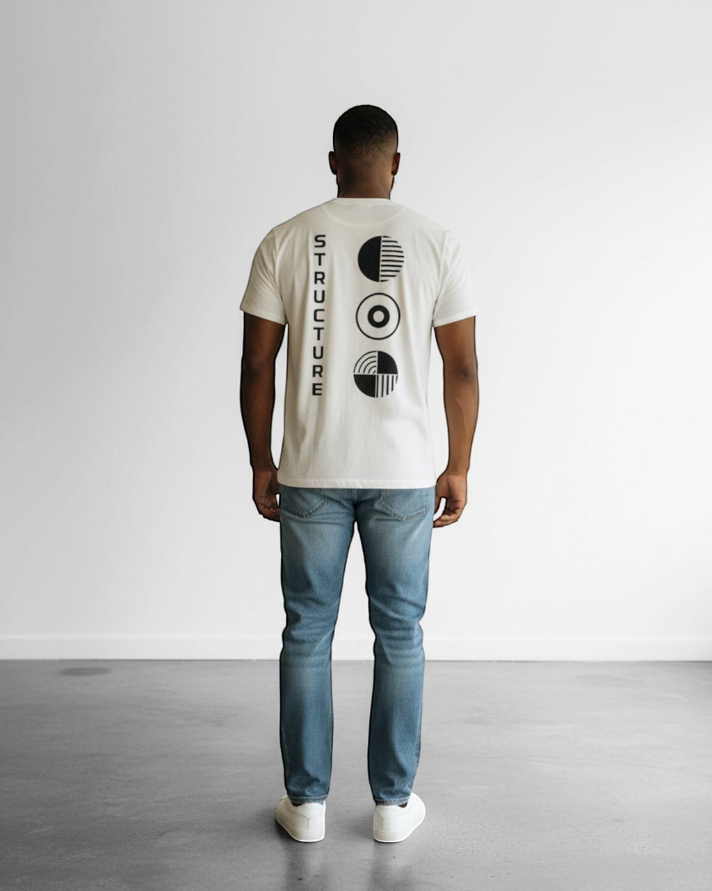 FALLR wear men's cream 100% cotton oversized t-shirt with black 'STRUCTURE' text and abstract graphic print on back.