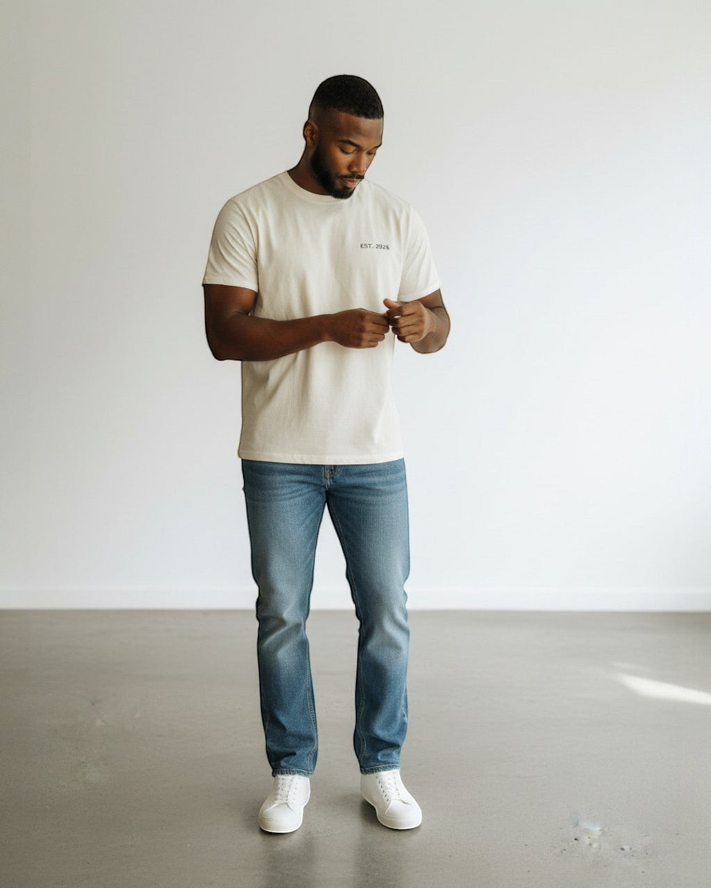 FALLR wear men's oversized cream 100% cotton t-shirt with minimalist graphic print and relaxed fit.