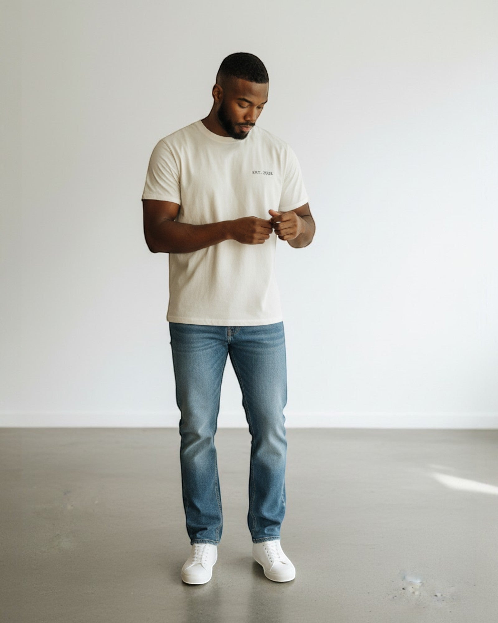 FALLR wear men's oversized cream 100% cotton t-shirt with minimalist graphic print and relaxed fit.