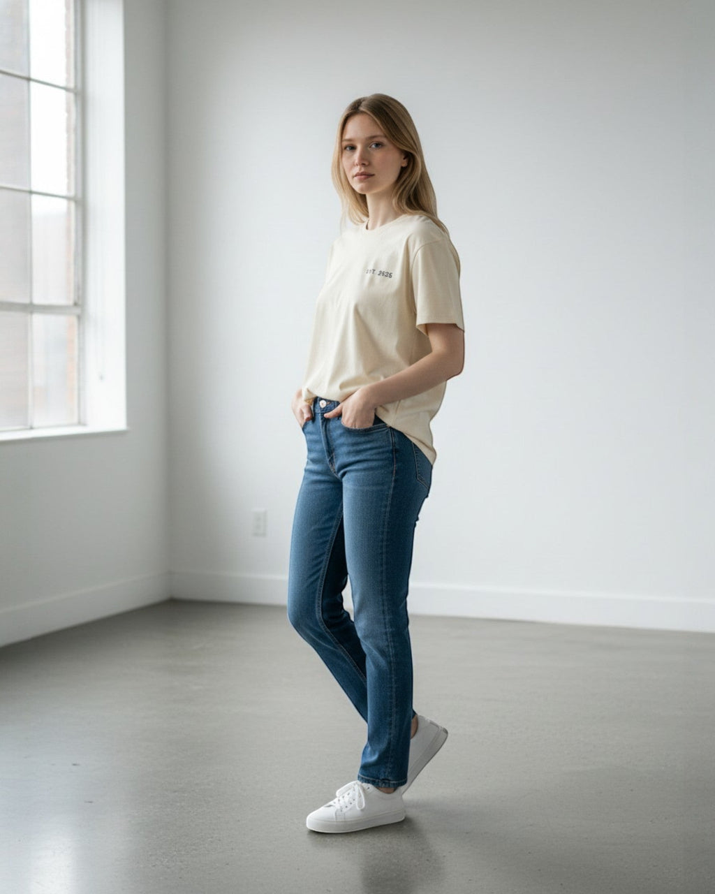 FALLR wear cream 100% cotton oversized unisex t-shirt with minimal graphic print and relaxed fit, paired with blue denim jeans.