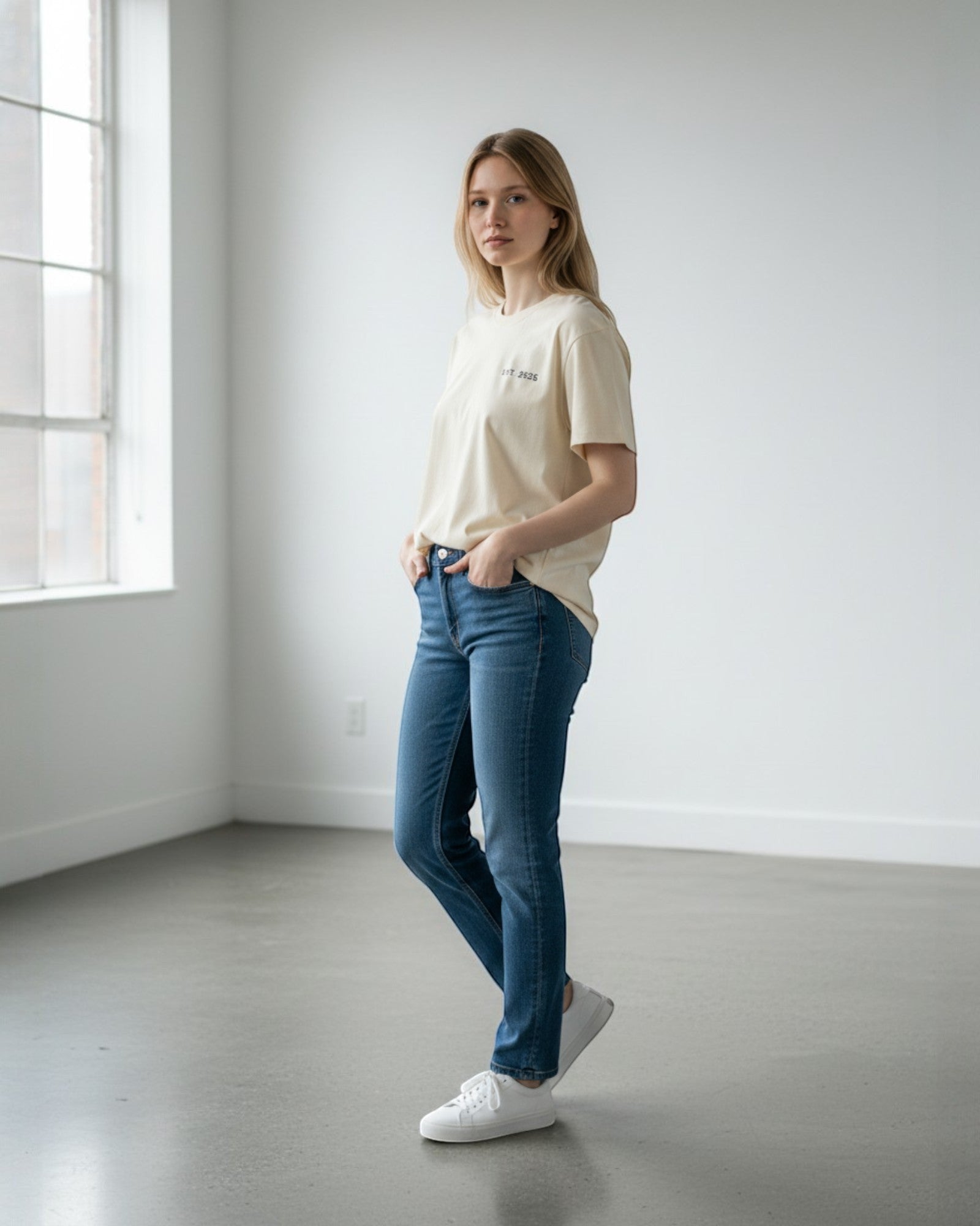FALLR wear cream 100% cotton oversized unisex t-shirt with minimal graphic print and relaxed fit, paired with blue denim jeans.