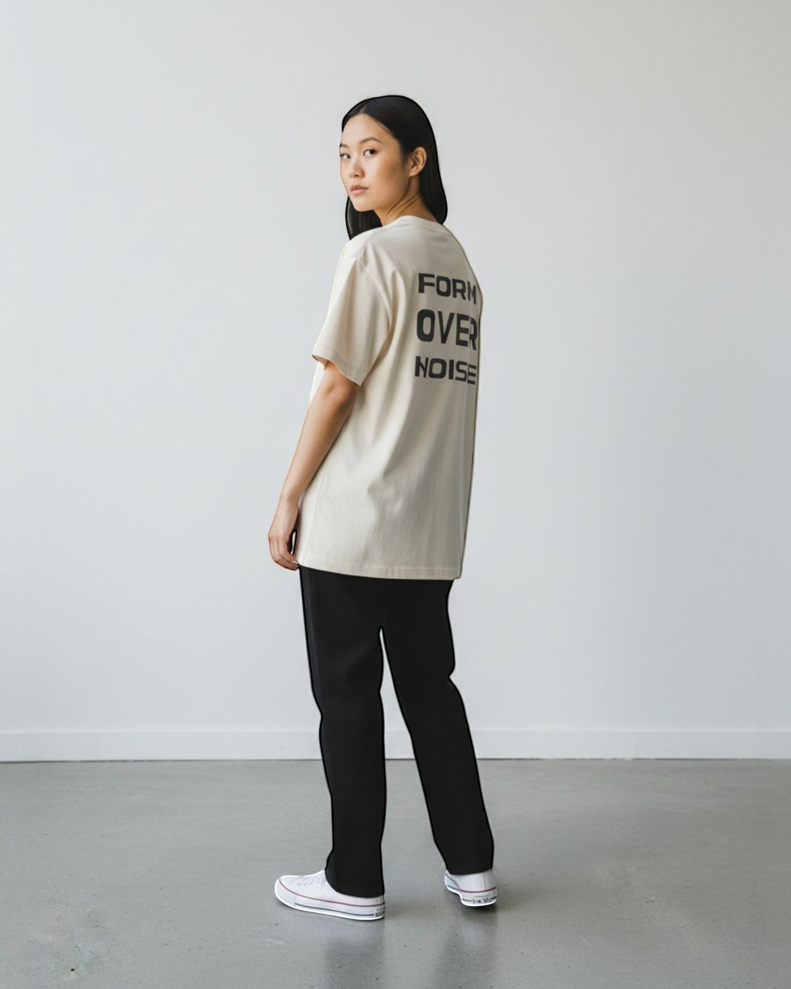 FALLR wear cream 100% cotton oversized graphic print t-shirt with black text on back.