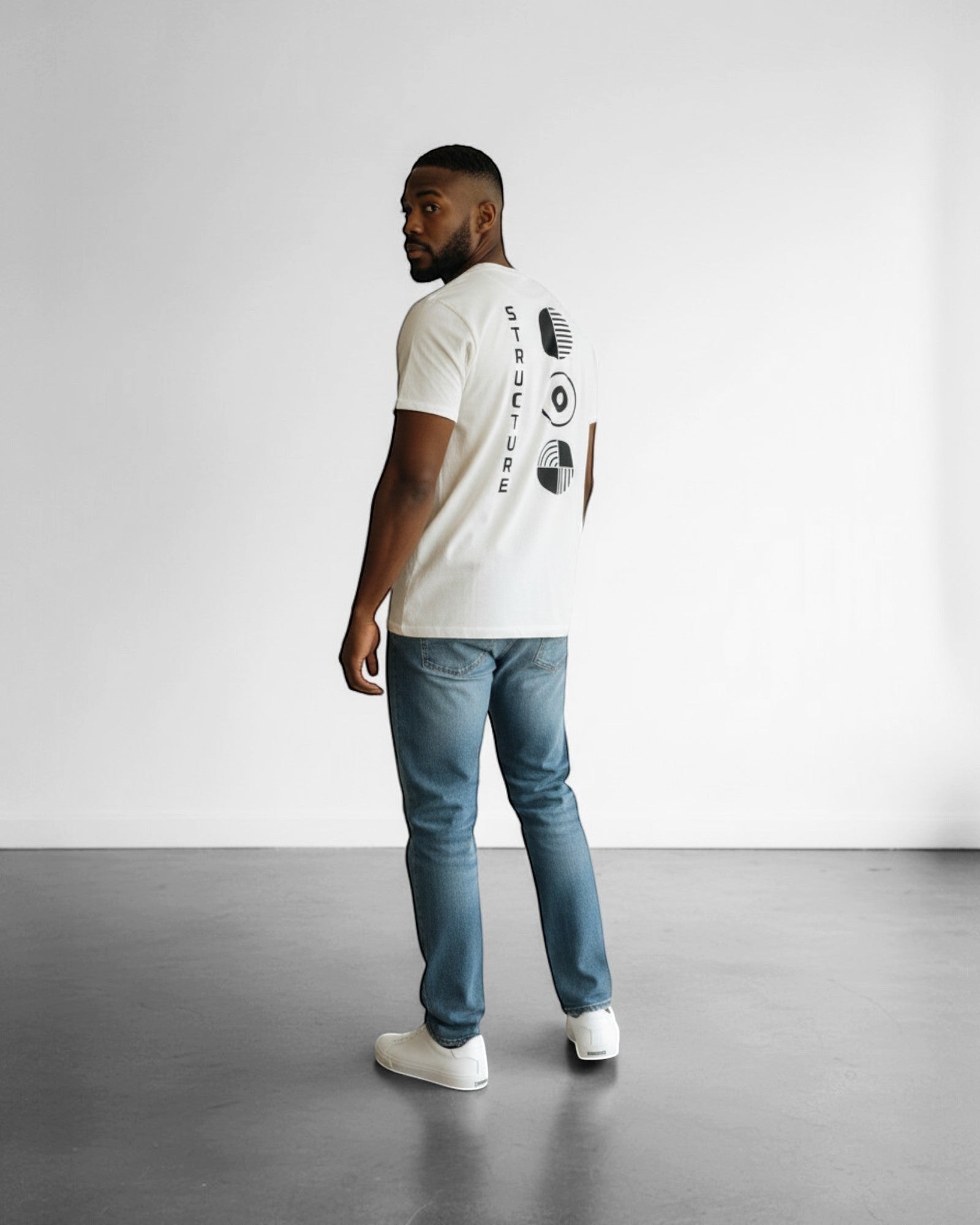 FALLR wear men's cream 100% cotton oversized tee with black graphic print on back, relaxed fit, unisex streetwear style.