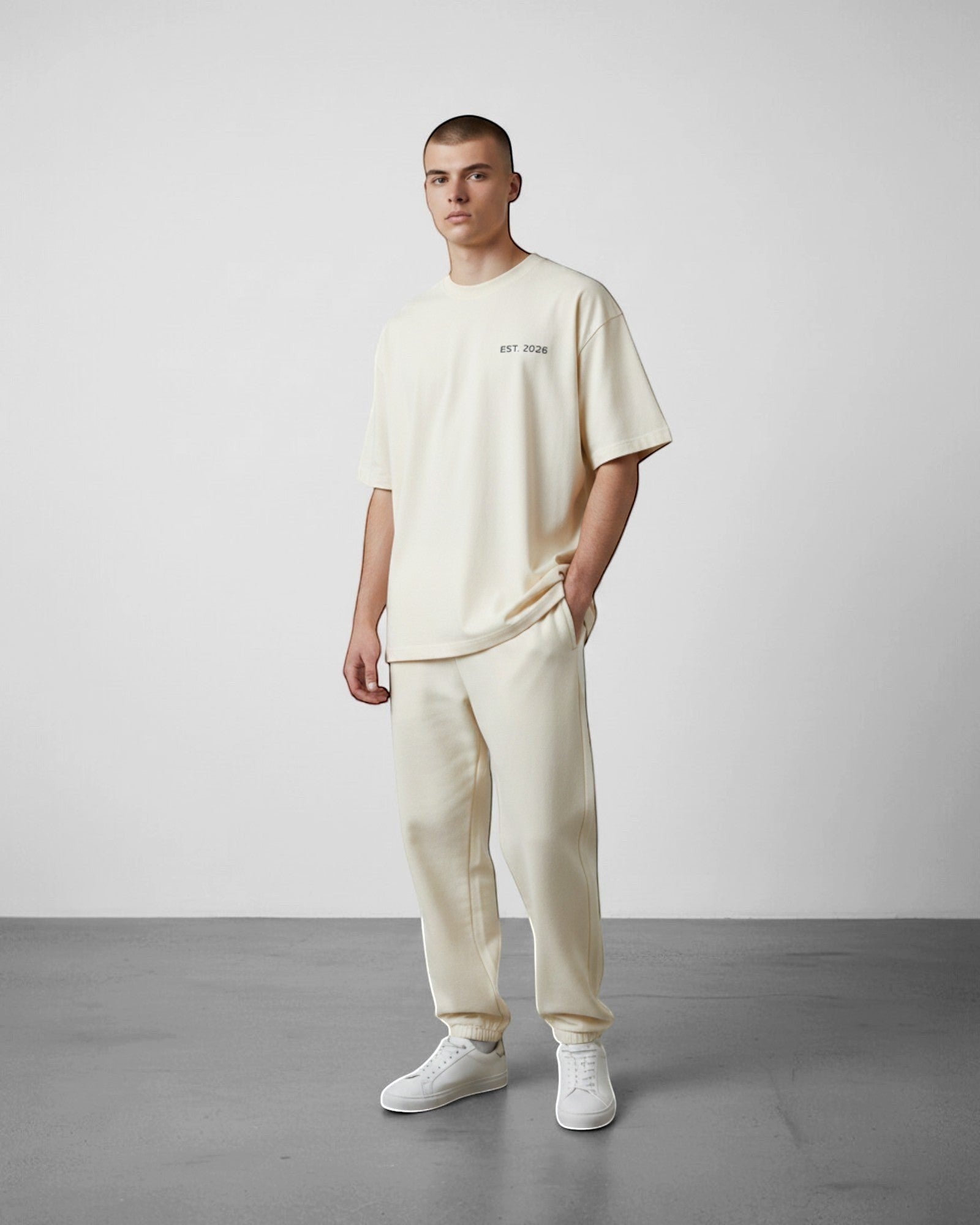 FALLR wear cream 100% cotton oversized graphic print t-shirt with "EST. 2026" detail.