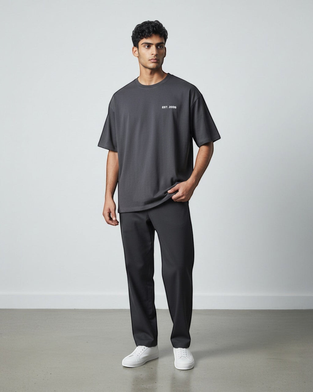 FALLR wear men's dark grey 100% cotton oversized t-shirt with small white 'EST. 2036' graphic on chest.