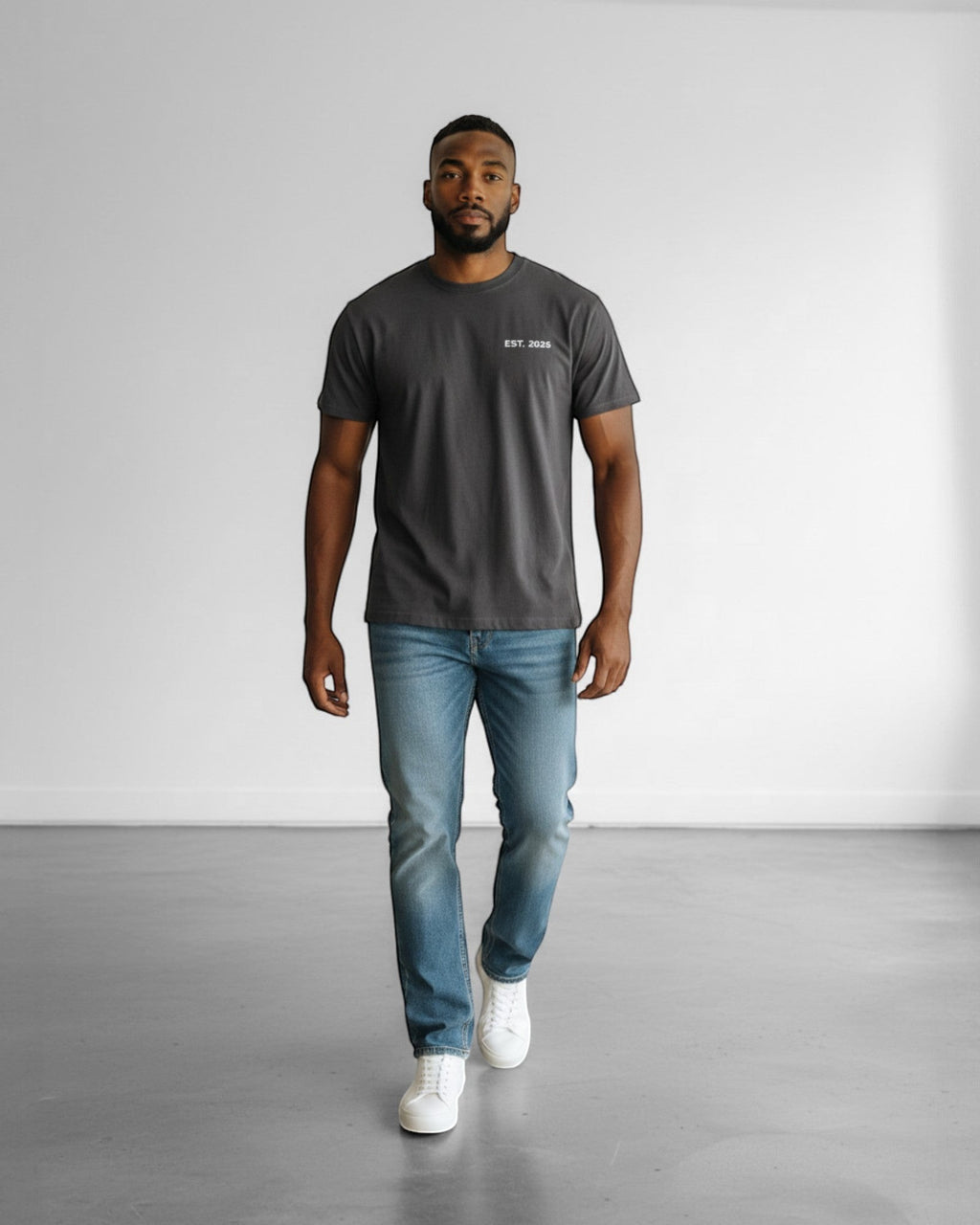 FALLR wear men's dark grey 100% cotton oversized t-shirt with minimal 'EST. 2025' print.