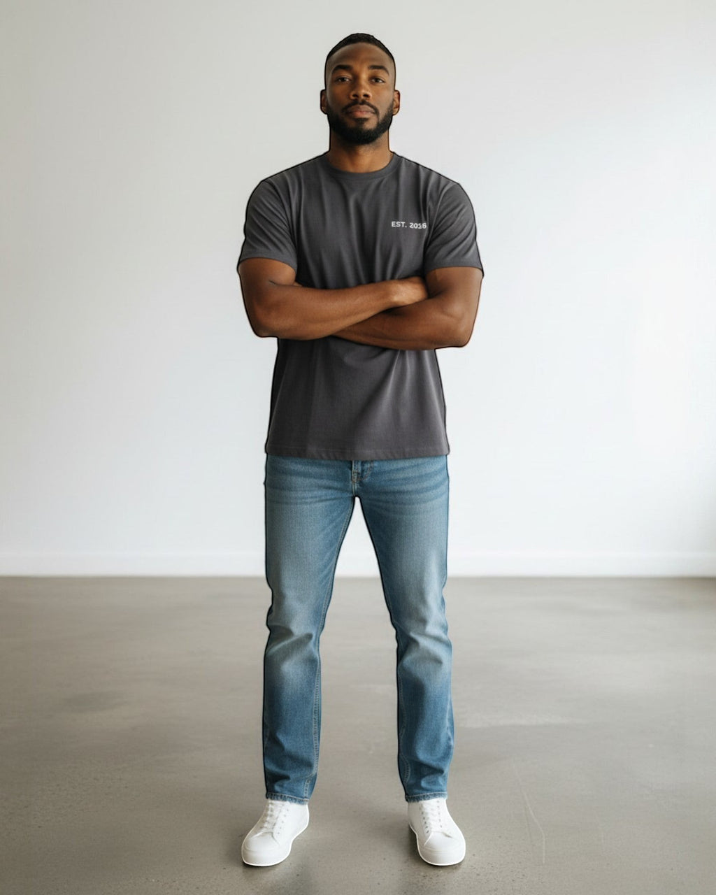 FALLR wear men's dark grey 100% cotton oversized t-shirt with small white "EST. 2015" graphic on chest.