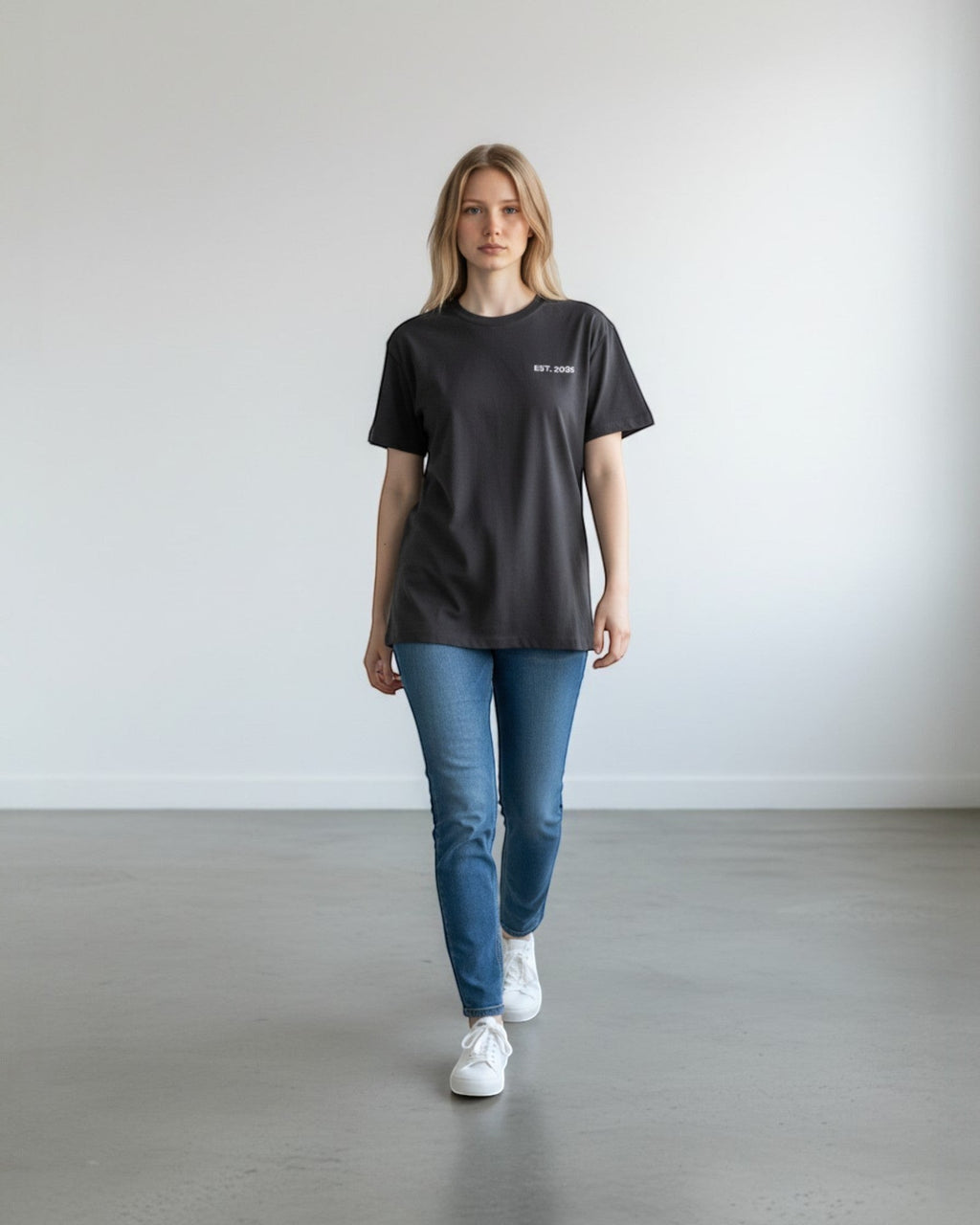 FALLR wear dark grey 100% cotton unisex oversized t-shirt with minimal 'EST. 2006' graphic print on chest.