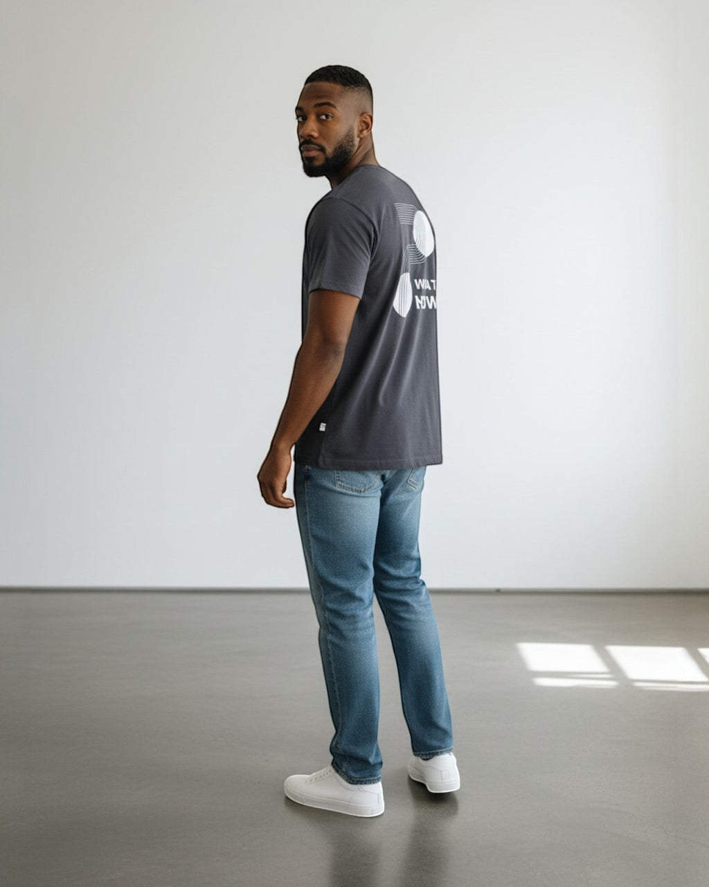 FALLR wear men's dark grey 100% cotton oversized t-shirt with abstract geometric print on back.