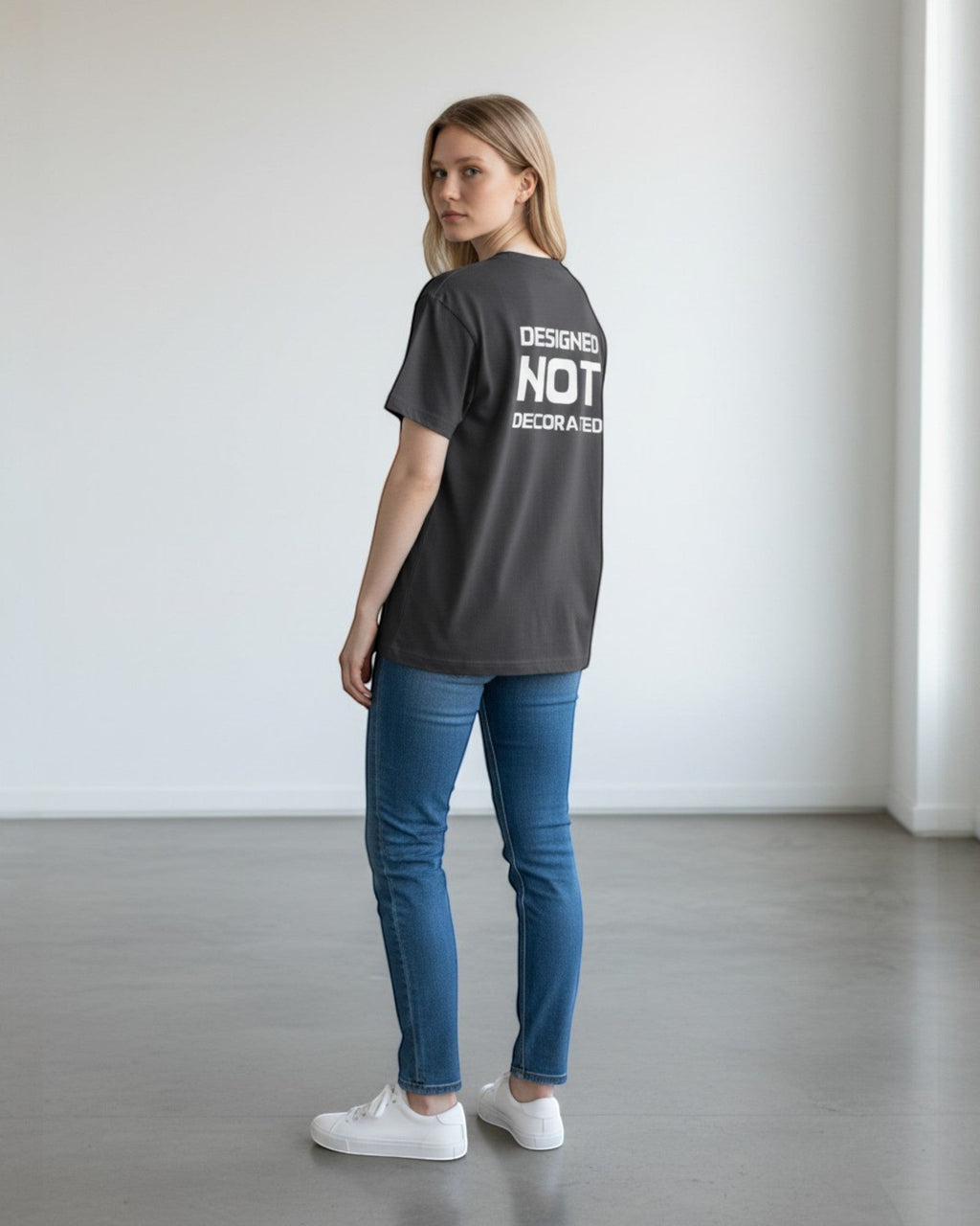 FALLR wear dark grey 100% cotton unisex oversized t-shirt with white text graphic on back.