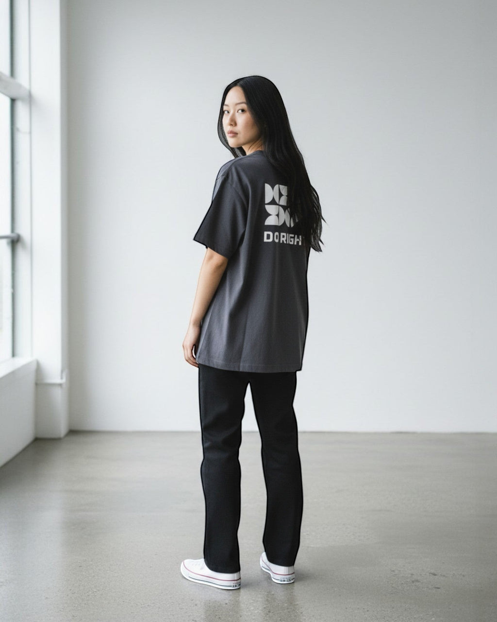 FALLR wear dark grey 100% cotton oversized t-shirt with a minimalist white graphic print on the back.