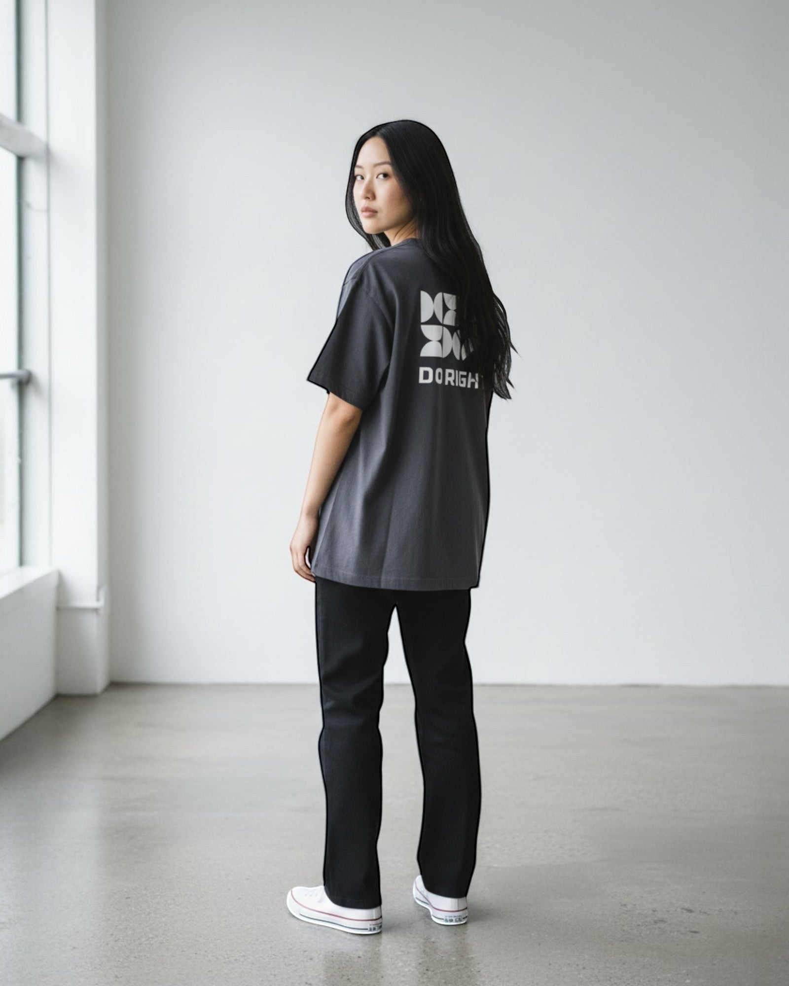 FALLR wear dark grey 100% cotton oversized t-shirt with a minimalist white graphic print on the back.
