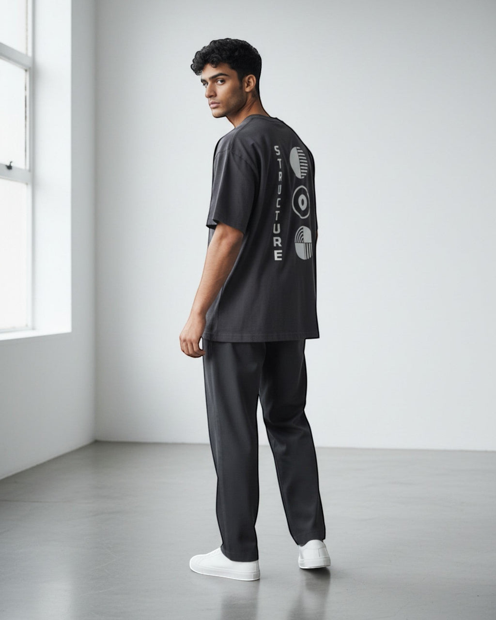 FALLR wear dark grey 100% cotton oversized t-shirt with a minimalist graphic print on the back and matching relaxed fit trousers.