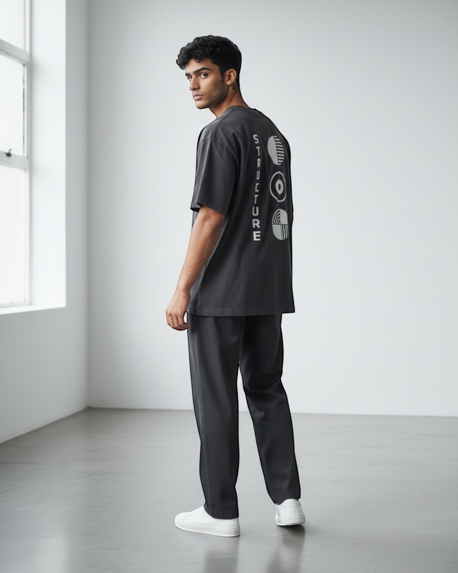 FALLR wear dark grey 100% cotton oversized t-shirt with a minimalist graphic print on the back and matching relaxed fit trousers.