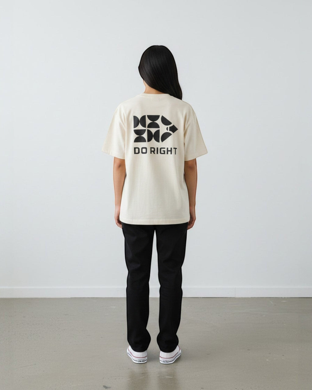 FALLR wear cream 100% cotton oversized t-shirt with black "DO RIGHT" graphic print on back.