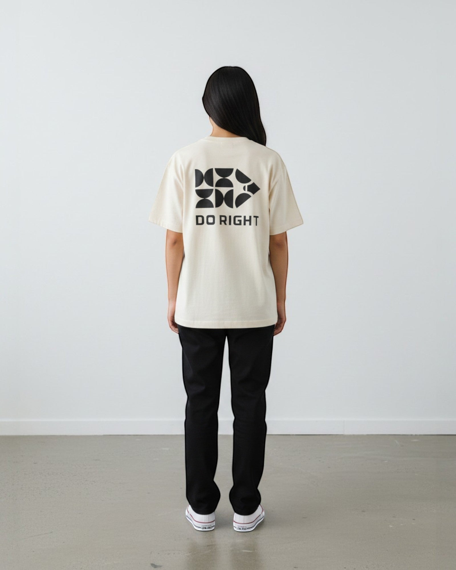 FALLR wear cream 100% cotton oversized t-shirt with black "DO RIGHT" graphic print on back.