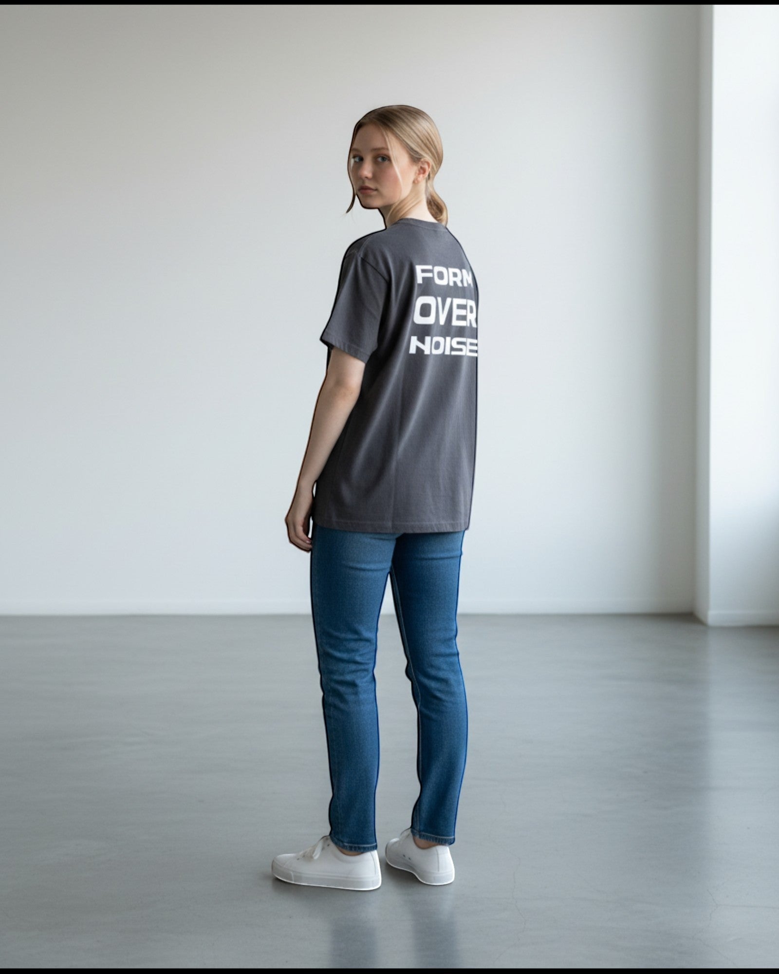 FALLR wear charcoal grey 100% cotton oversized graphic print t-shirt with white text on back.