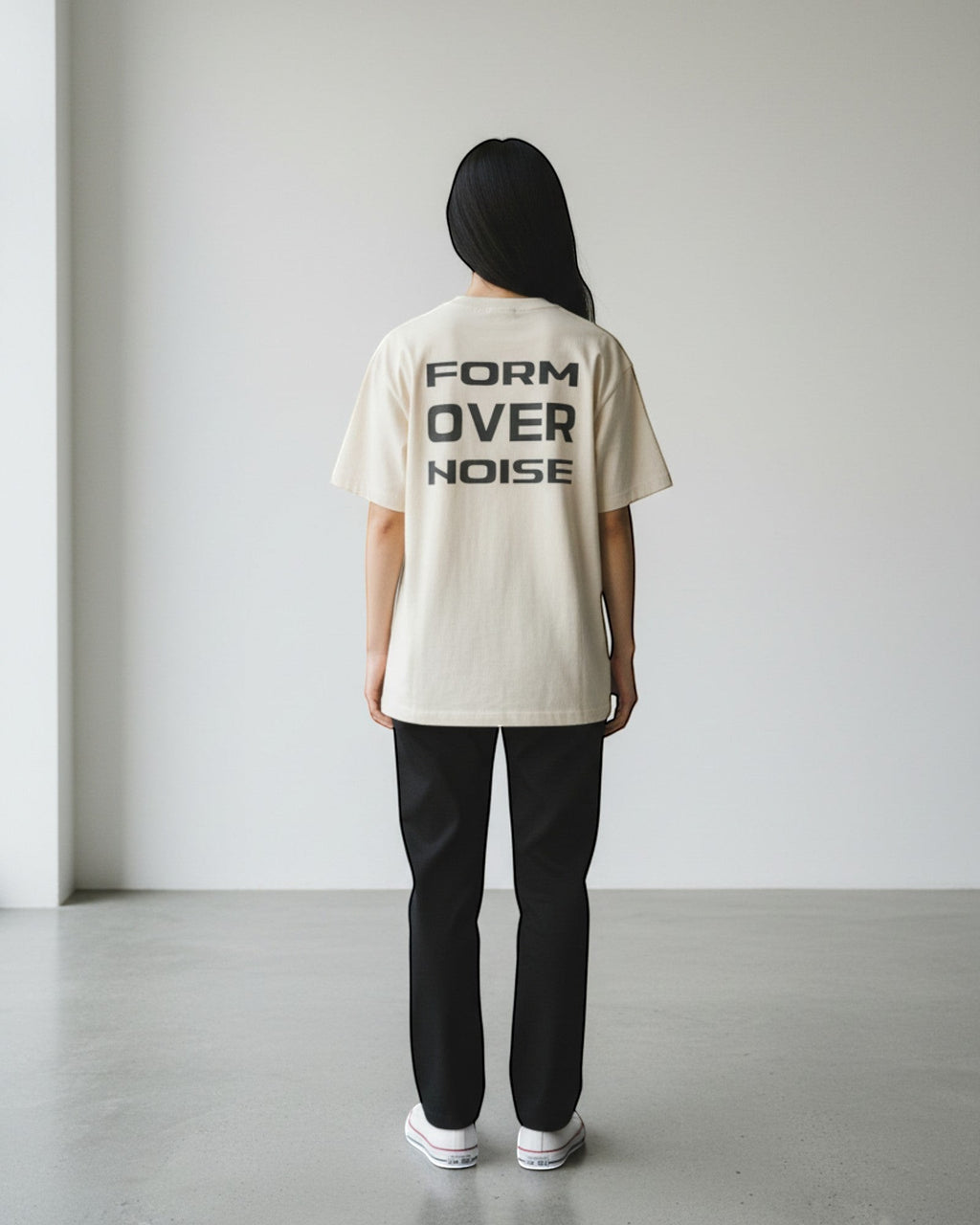 FALLR wear cream 100% cotton oversized t-shirt with black 'FORM OVER NOISE' graphic print on back.