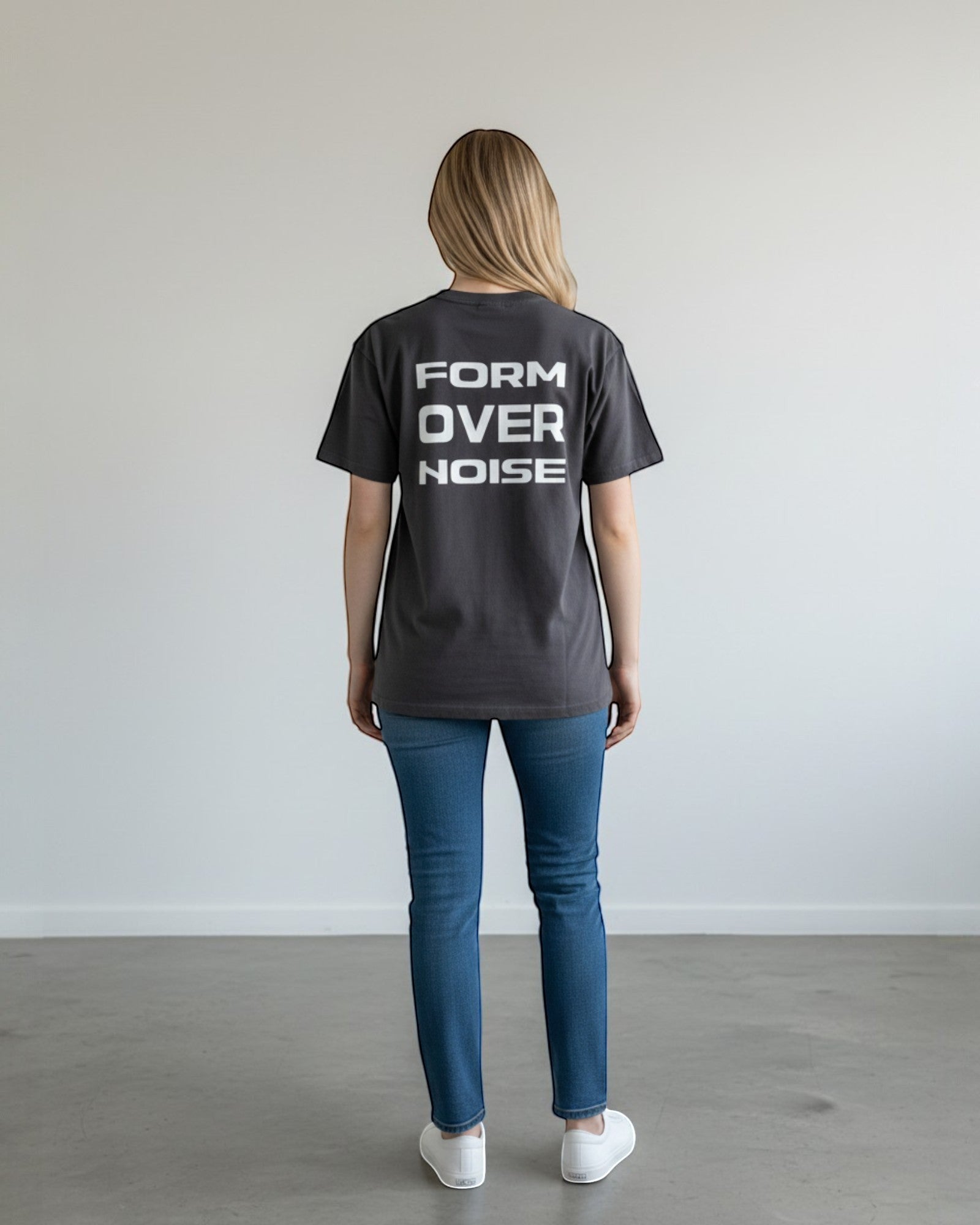 FALLR wear charcoal grey 100% cotton oversized graphic t-shirt with white 'FORM OVER NOISE' print on back.