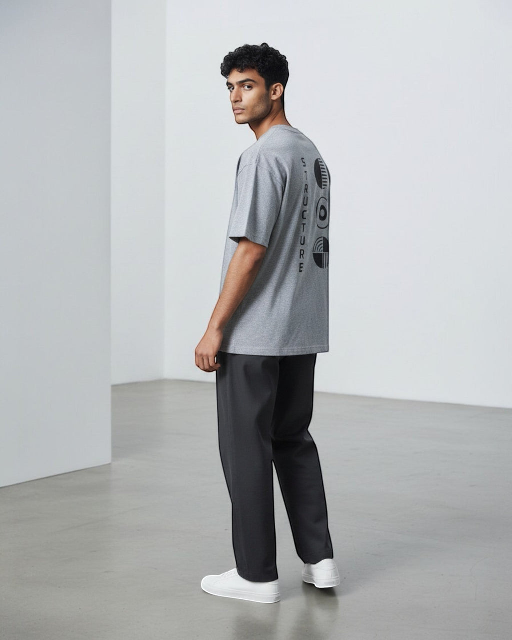FALLR wear grey 100% cotton oversized t-shirt with black graphic print on back and vertical text.