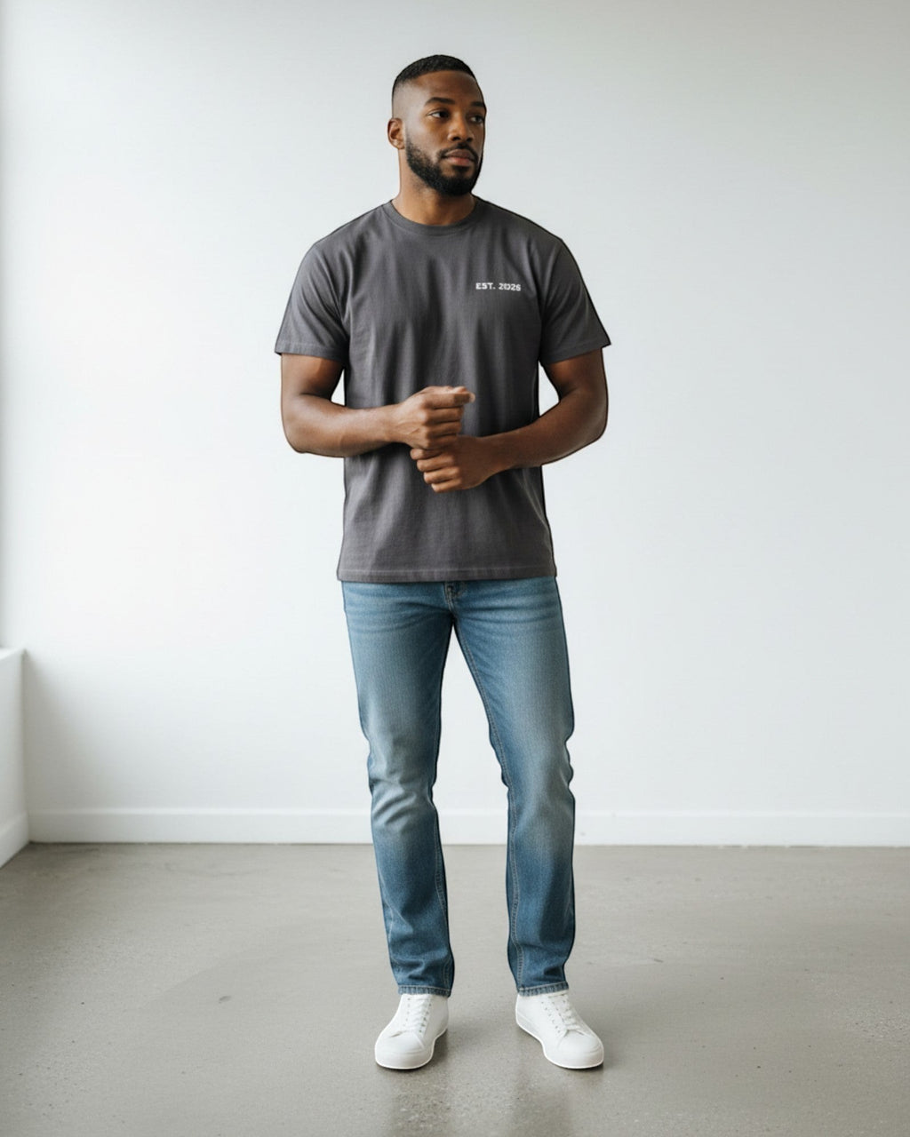 FALLR wear men's dark grey 100% cotton oversized t-shirt with a small white 'EST. 2026' graphic on the chest.