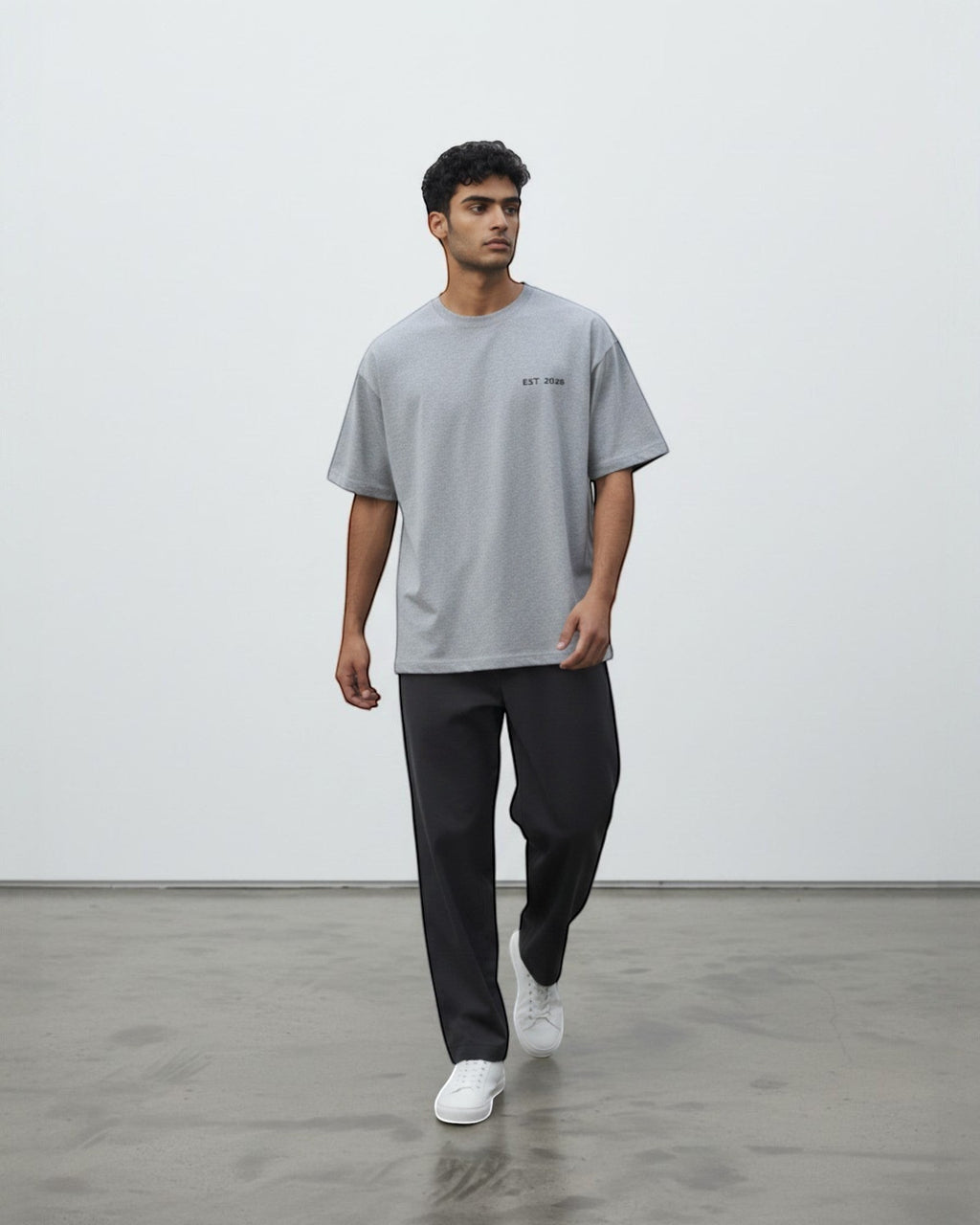 FALLR wear grey 100% cotton oversized t-shirt with minimalist 'EST. 2020' graphic print on chest.
