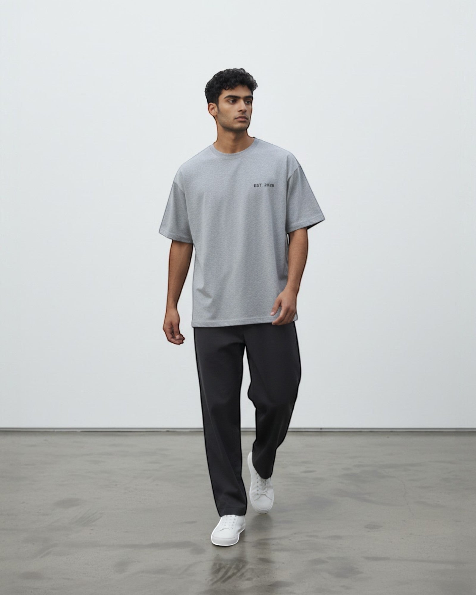 FALLR wear grey 100% cotton oversized t-shirt with minimalist 'EST. 2020' graphic print on chest.